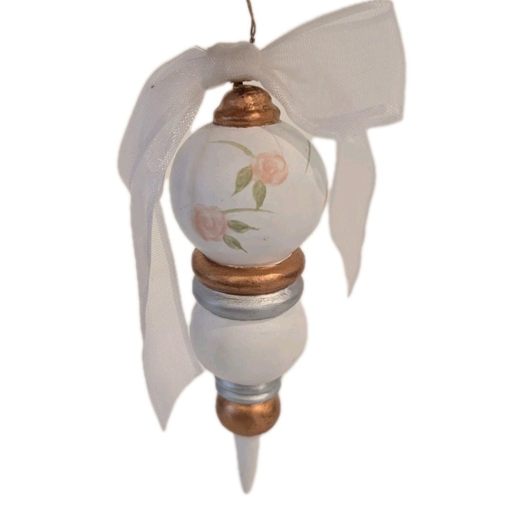 Vtg Hand Painted Wood Turned Spindle Ornament Decor Handmade White Gold Rose 6"